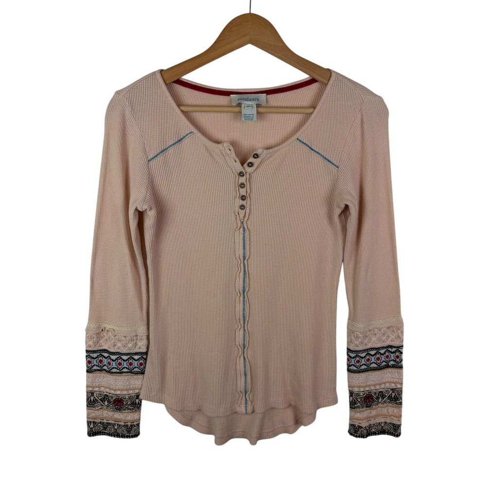 Sundance Waffle Knit Henley Thermal‎ Top XS Embroidered Beaded Sleeve Layering